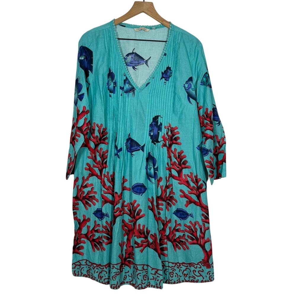 Soft Surroundings Seychelles Tunic Top‎ Womens Medium Blue Coral Fish Pleated